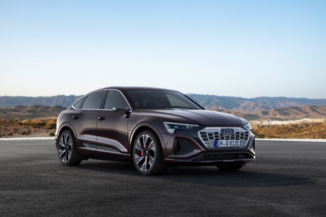 Front three-quarter view of a dark brown 2022 Audi Q8 e-tron parked outdoors against distant hills.
