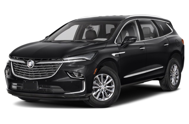 Front three-quarter view of a black 2024 Buick Enclave SUV against a studio white background.