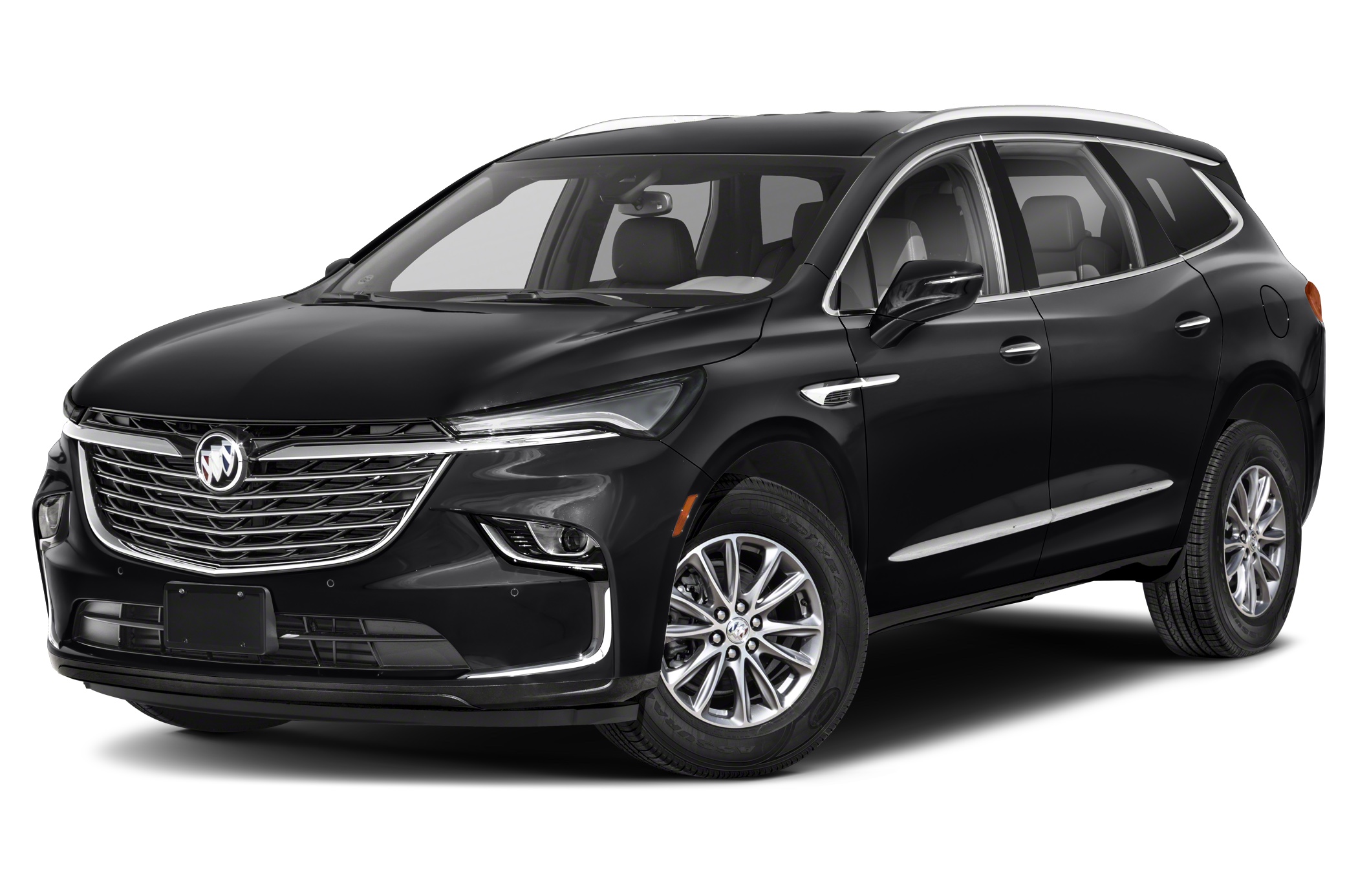 Front three-quarter view of a black 2024 Buick Enclave SUV against a studio white background.